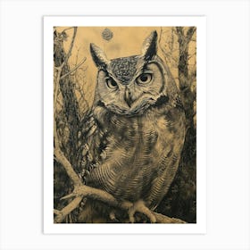 Collared Scops Owl Relief Illustration 1 Art Print
