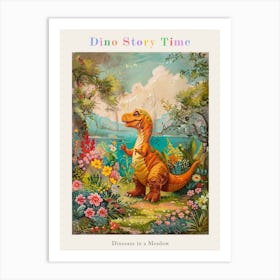 Dinosaur In A Floral Meadow Vintage Storybook Painting 1 Poster Art Print