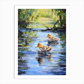 Ducklings Swimming In The River Impressionism 3 Art Print