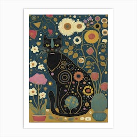 Black Cat With Flowers In The Garden Art Print