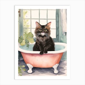 Black Cat In Bathtub Botanical Bathroom 1 Art Print