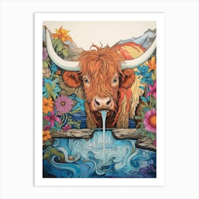 Floral Colourful Illustration Of Highland Cow Drinking Out Of Trough 1 Art Print
