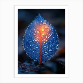 Blue Leaf With Water Droplets 11 Art Print