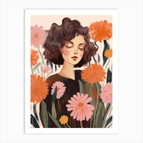 Woman With Autumnal Flowers Scabiosa Art Print