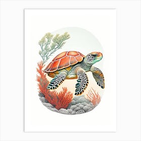 A Single Sea Turtle In Coral Reef, Sea Turtle Vintage 1 Art Print