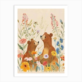 Folksy Floral Animal Drawing Brown Bear 3 Art Print