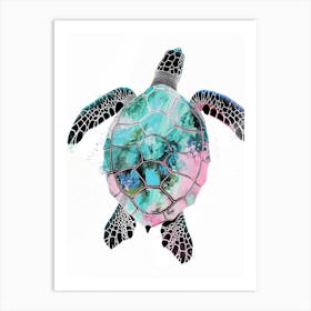 Aqua Pink Sea Turtle On A White Background Art Print