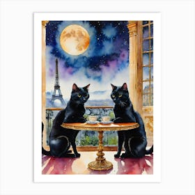 Watercolor Black Cat Friends Have Tea in Paris on a Full Moon Art Print
