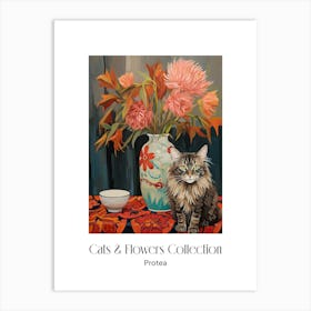 Cats & Flowers Collection Protea Flower Vase And A Cat, A Painting In The Style Of Matisse 2 Art Print