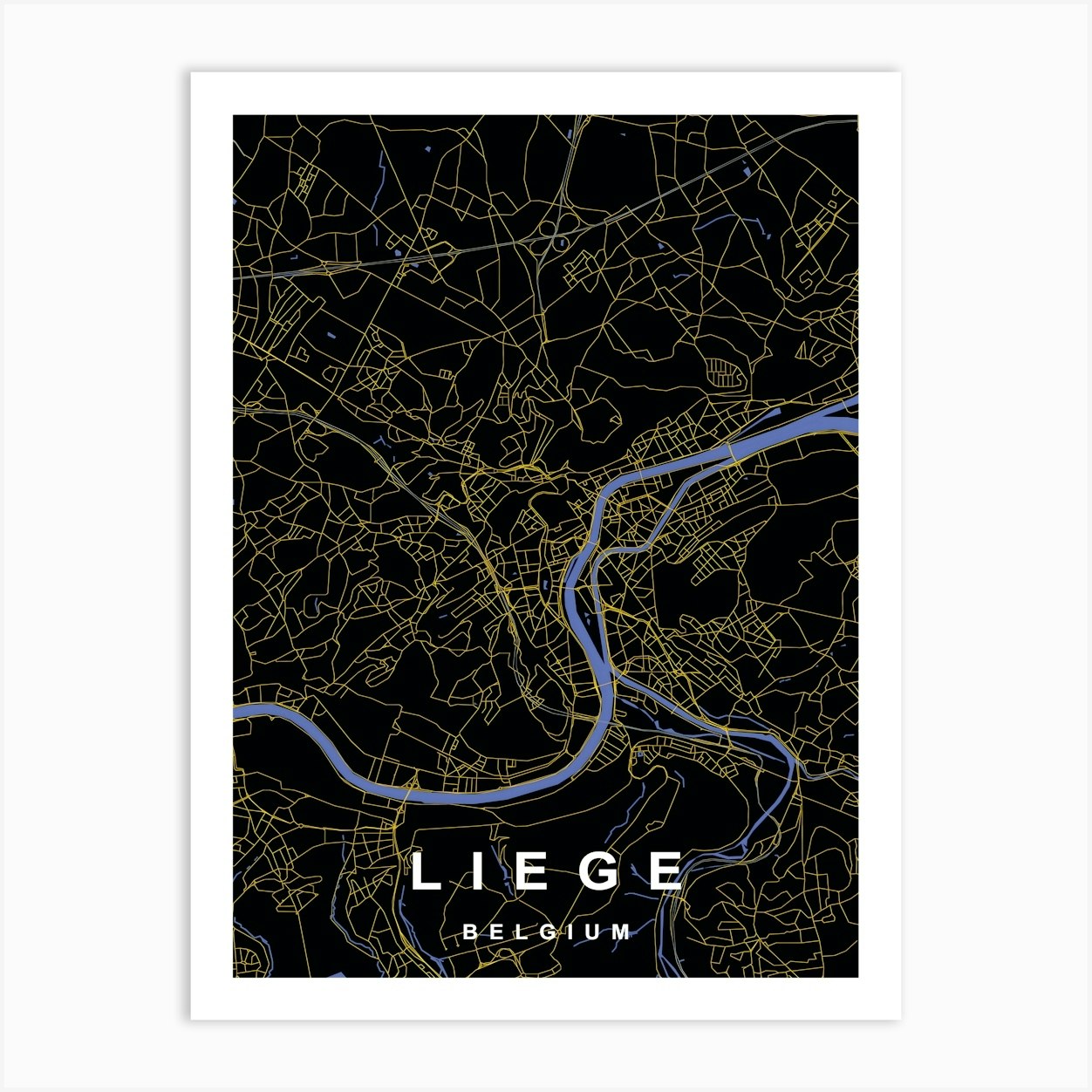 Liege Belgium City Map Black and Gold Art Print by Charnwood Prints