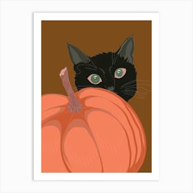 Black Cat Peeking At Pumpkin Art Print