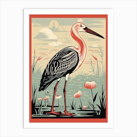 Vintage Bird Linocut Stork 2 Art Print