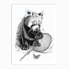 Red Panda Cub Playing With A Butterfly Net Ink Illustration 4 Art Print