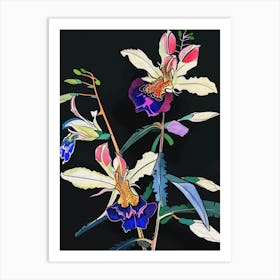 Neon Flowers On Black Aconitum 4 Art Print