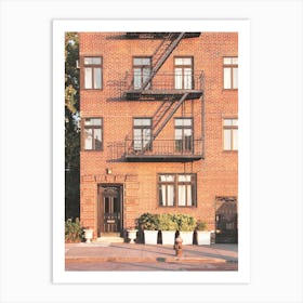 New York, USA I Red brick architecture in Brooklyn with an orange autumn aesthetic in a minimalist retro vintage photography style in arty Williamsburg overlooking the Hudson River with the light of the sunset Art Print