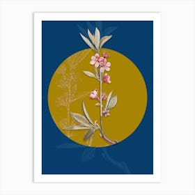 Vintage Botanical Pink Flower Branch on Circle Yellow on Blue n.0149 Art Print
