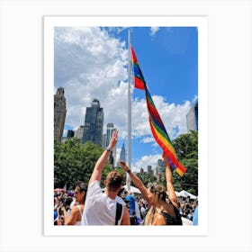 Rainbow Flag Waving Prominently Amidst A New York City Pride Parade Wristband Clad Lovebirds Striki Art Print