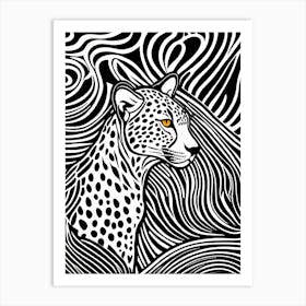 Cheetah Lino cut Black And White Lines art, animal art, 150 Art Print