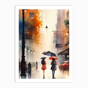 Two Women Walking In The Rain Art Print