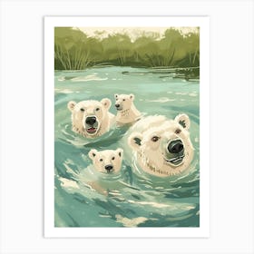 Polar Bear Family Swimming In A River Storybook Illustration 4 Art Print