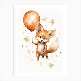 Baby Fox Flying With Ballons, Watercolour Nursery Art 2 Art Print