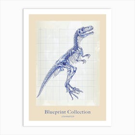 Utahraptor Dinosaur Skeleton Blue Print Style Poster Art Print
