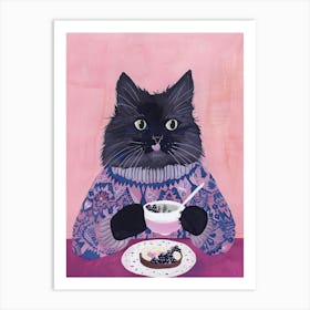 Grey Cat Having Breakfast Folk Illustration 4 Art Print