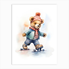 Roller Skating Teddy Bear Painting Watercolour 2 Art Print