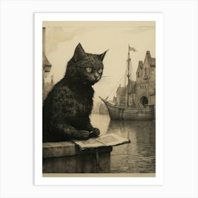 A Cat Reading A Book At The Shipyard Sepia Etching Art Print