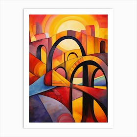 Bridges at Sunset III, Colorful Abstract Painting in Picasso Cubism Style Art Print