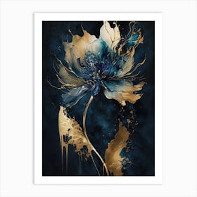 Blue Gold Flower Canvas Art Print
