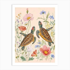Folksy Floral Animal Drawing Turtle 2 Art Print