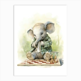 Elephant Painting Playing Chess Watercolour 3 Art Print