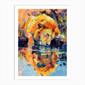Transvaal Lion Drinking From A Watering Hole Fauvist Painting 3 Art Print