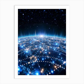 View Of Earth From Space With Glowing Interconnected Nodes Representing Global Communication Art Print