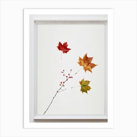 Autumn Leaves Scattered Asymmetrically Across A White Canvas Single Red Berry Placed Off Center Em (7) Art Print