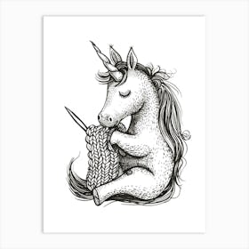 A Unicorn Knitting Black & White Illustration Art Print