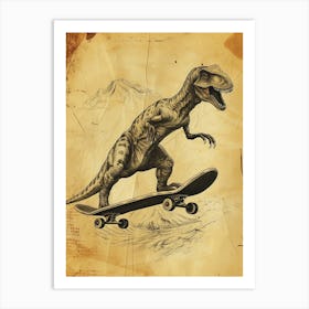 Vintage Compsognathus Dinosaur On A Skateboard 2 Art Print