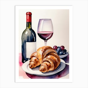 Croissant and Wine watercolor painting 11 Art Print