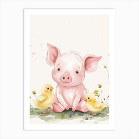 Watercolor Pig And Chicks Kids and Nursery Art Print