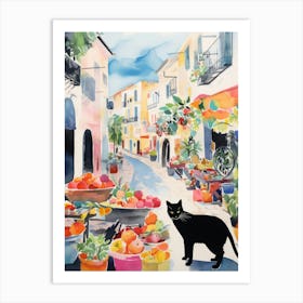 Food Market With Cats In Mallorca 4 Watercolour Art Print