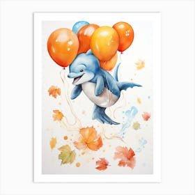 Dolphin Flying With Autumn Fall Pumpkins And Balloons Watercolour Nursery 4 Art Print