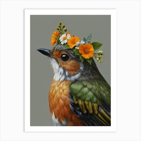 Robin With A Flower Crown European Robin Art Print