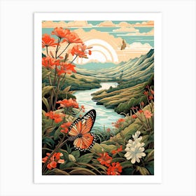 Butterflies By The River Japanese Style Painting 4 Art Print
