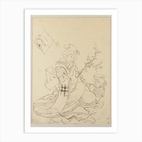 Framed Female Figure Crouching On Ground, Pruning A Blossoming Branch In Preparation For Display In Dragon Vase; Art Print