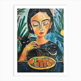 Portrait Of A Girl With Cats Eating Tacos 2 Art Print