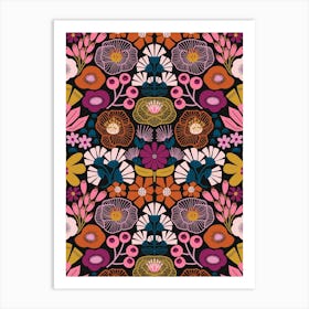 Modern Botanical Folk Art Damask Pink, Magenta, Blue, Gold, Orange Art Print