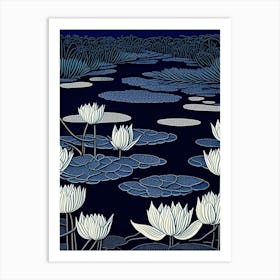 Water Lilies Waterscape Linocut 2 Art Print