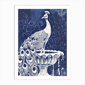Navy Blue Linocut Inspired Peacock In A Fountain 1 Art Print