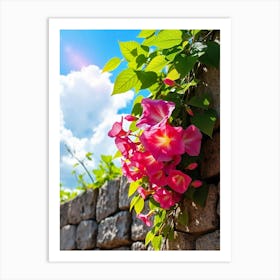 Pink Flowers On A Stone Wall Photo Art Print